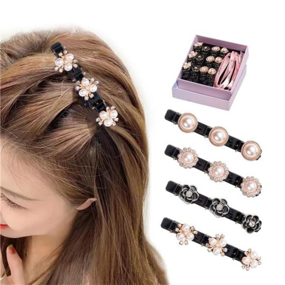 4PCS Braided Hair Clip with Rhinestones for Women/Girls (Pearl)
